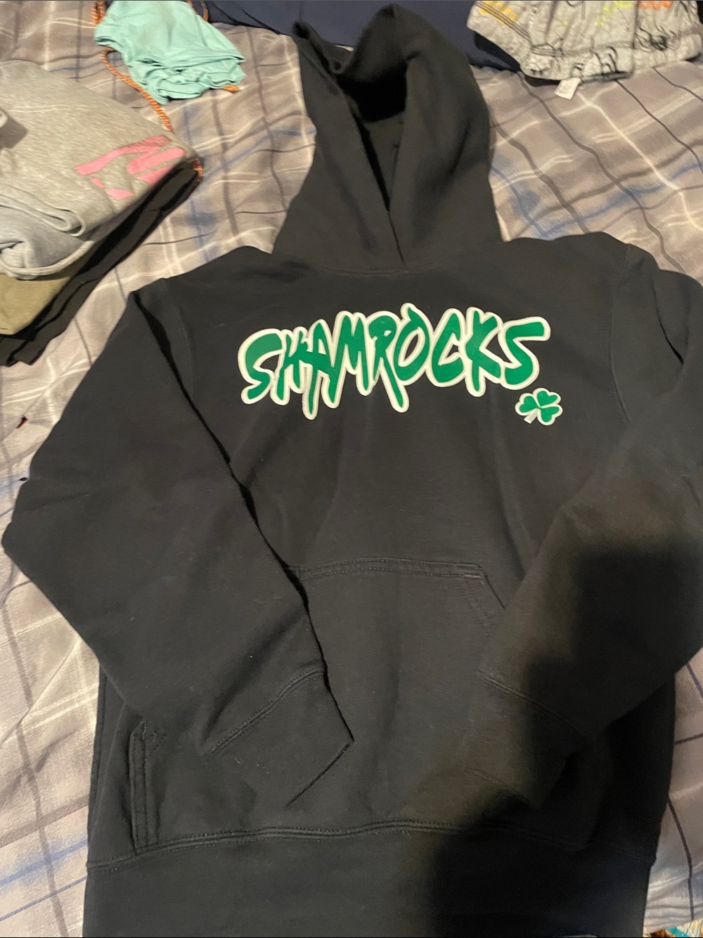 Port and Company Black Hoodie with Green and White 'Shamrocks' Graphic